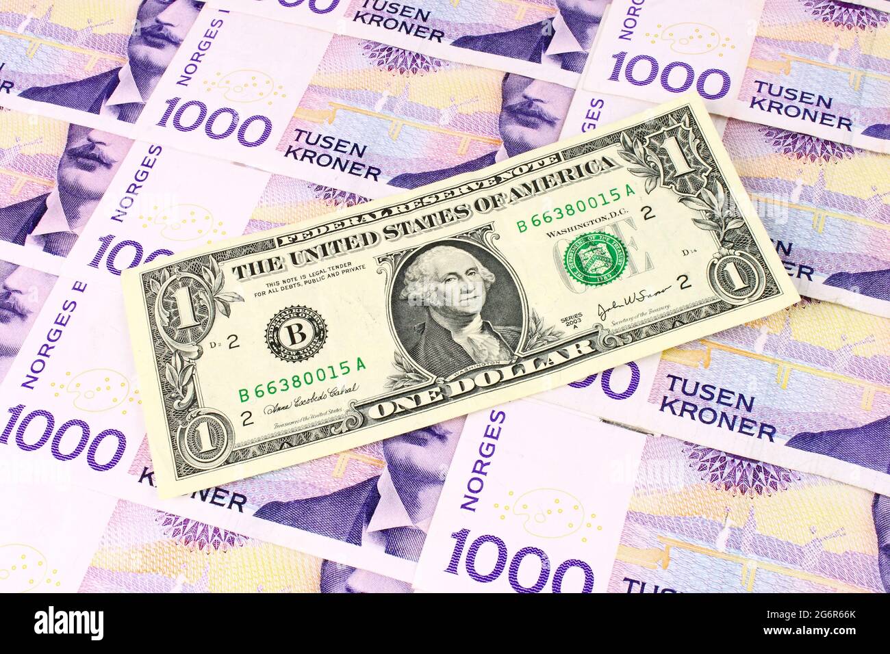 Norwegian currency notes in a grid pattern, with a one US Dollar note in the centre. Stock Photo