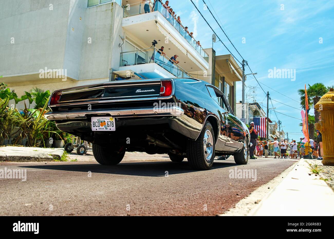 Thessaloniki, Greece - July 6, 2021: Muscle car Plymouth Barracuda on a shooting stage during production of new movie The Enforcer in Greece, Thessalo Stock Photo
