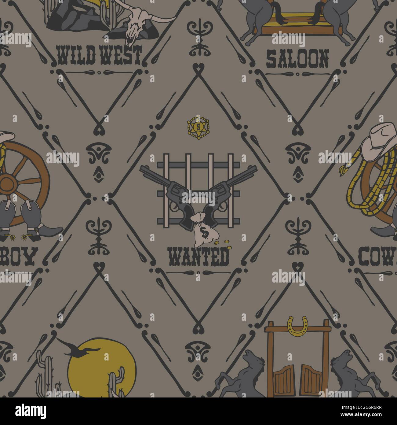 Seamless vector pattern with wild west logos on grey background. Decorative western wallpaper design. Geometric wanted poster fashion textile. Stock Vector