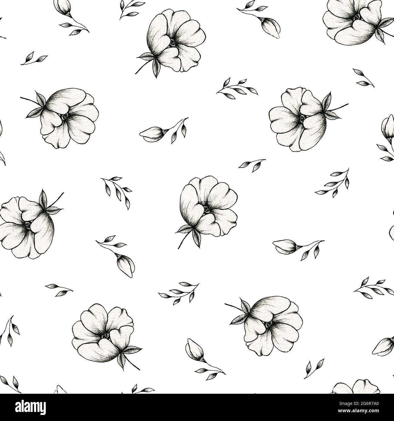 Seamless pattern with black and white flower motif, line drawing of ...