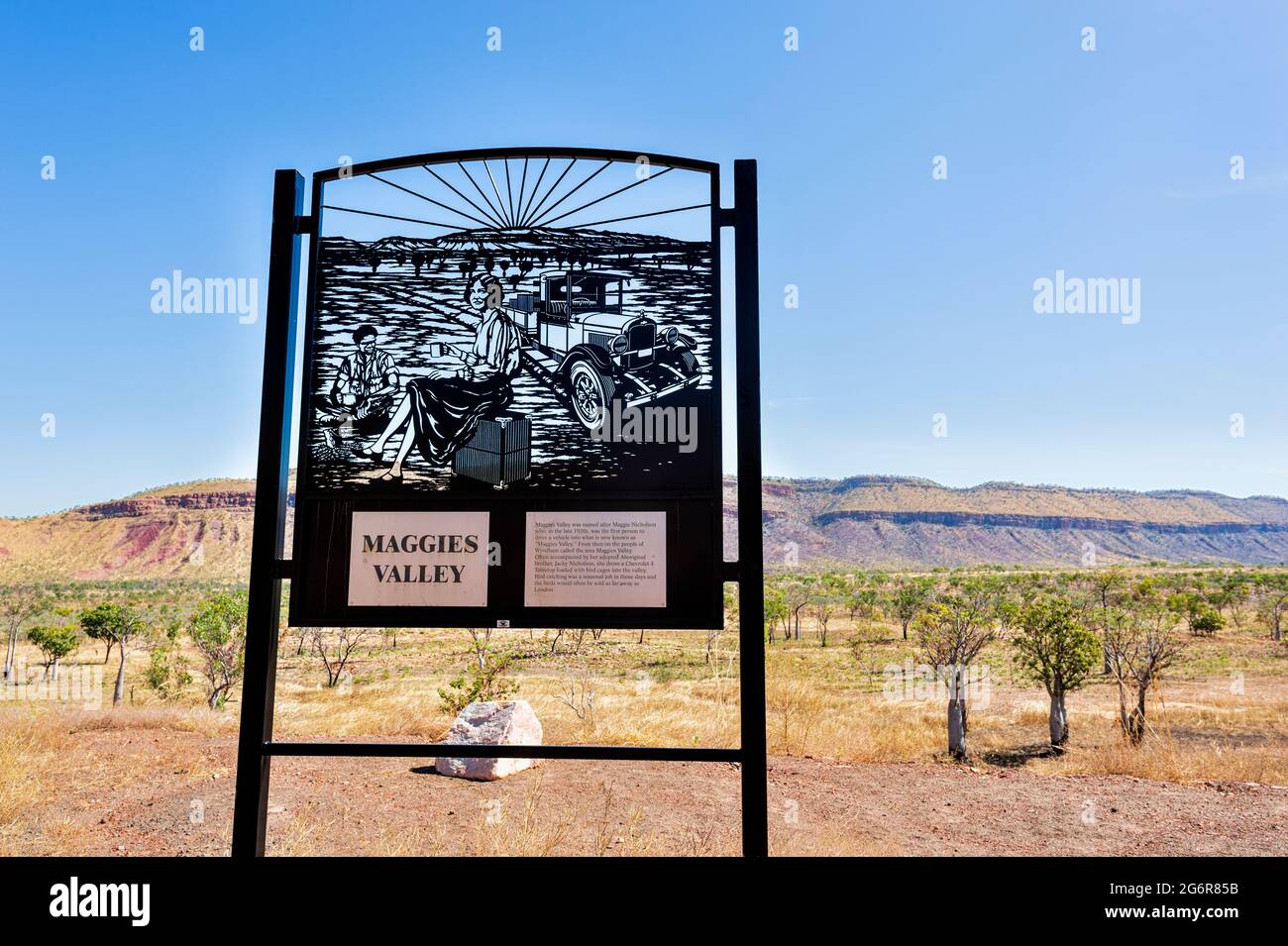Name sign for Maggie's Valley, typical Kimberley Region scenery, near Wyndham, Western Australia, WA, Australia Stock Photo