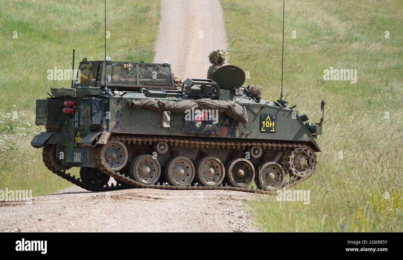 British army FV432 Bulldog armored personnel carrier on exercise on Salisbury Plain, UK Stock Photo