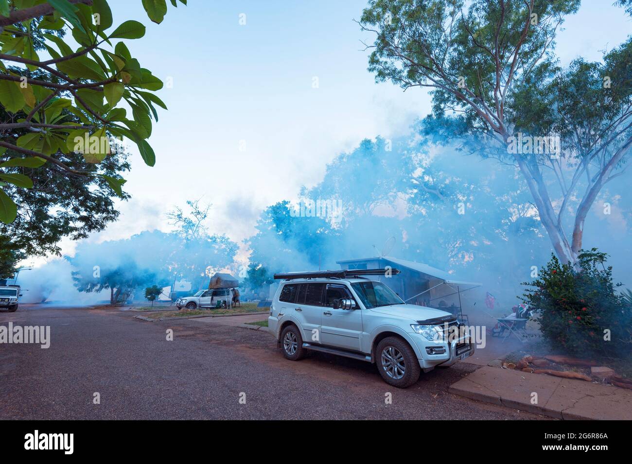 Fumigation is performed in a campsite to kill mosquitoes, Wyndham, Western Australia, WA, Australia Stock Photo