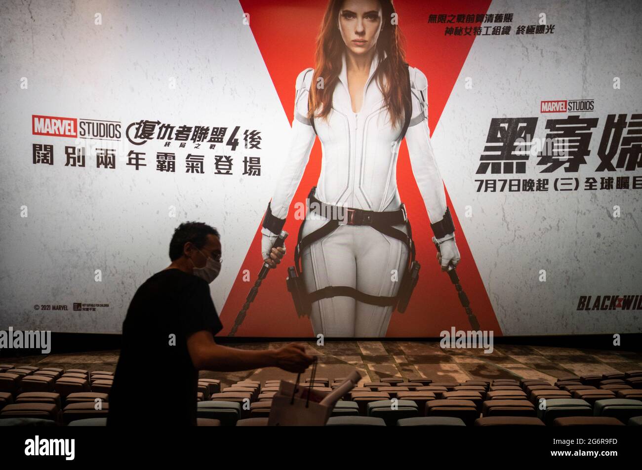 Hong Kong, China. 07th July, 2021. A spectator attends Disney's and Marvel Studios movie screening of Black Widow, played by Scarlett Johansson, at a movie theater in Hong Kong. (Photo by Budrul Chukrut/SOPA Images/Sipa USA) Credit: Sipa USA/Alamy Live News Stock Photo