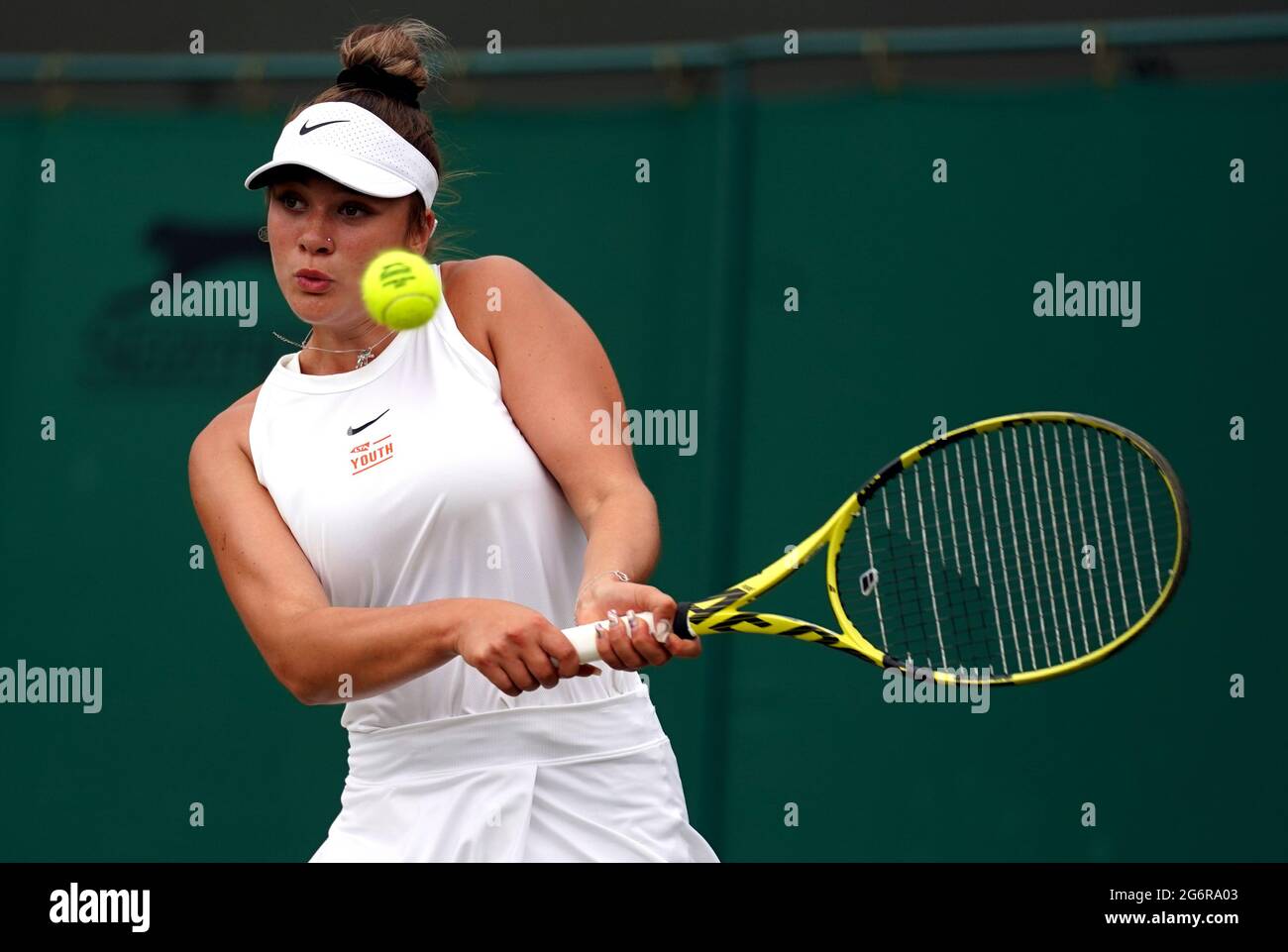Eva Shaw during the girls singles second round on day ten of Wimbledon at  The All England Lawn Tennis and Croquet Club, Wimbledon. Picture date:  Thursday July 8, 2021 Stock Photo - Alamy
