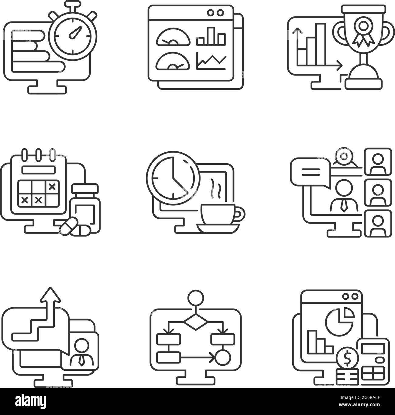 Online work monitoring linear icons set Stock Vector