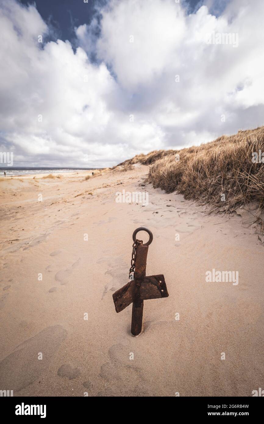Grassy sand dunes with anchor. Stock Photo
