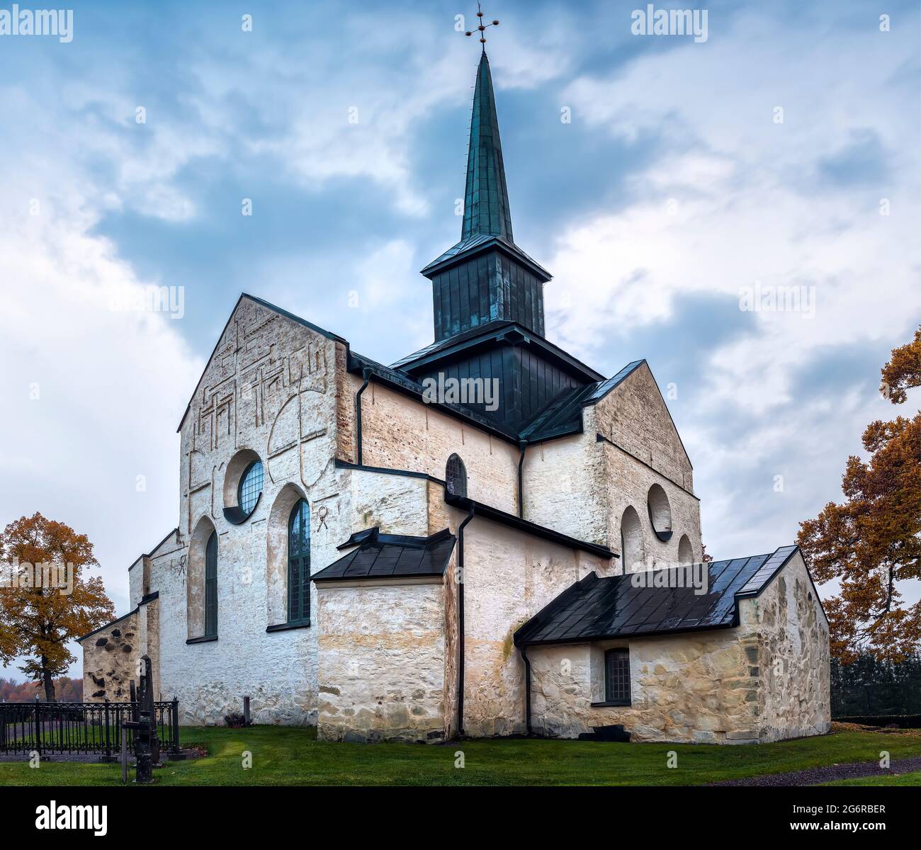 Medieval white washed church of Skallinge in Ostergotland, Sweden. Stock Photo