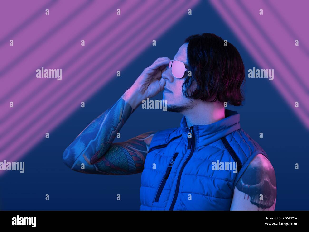 Synth wave portrait of serious young man Stock Photo Alamy