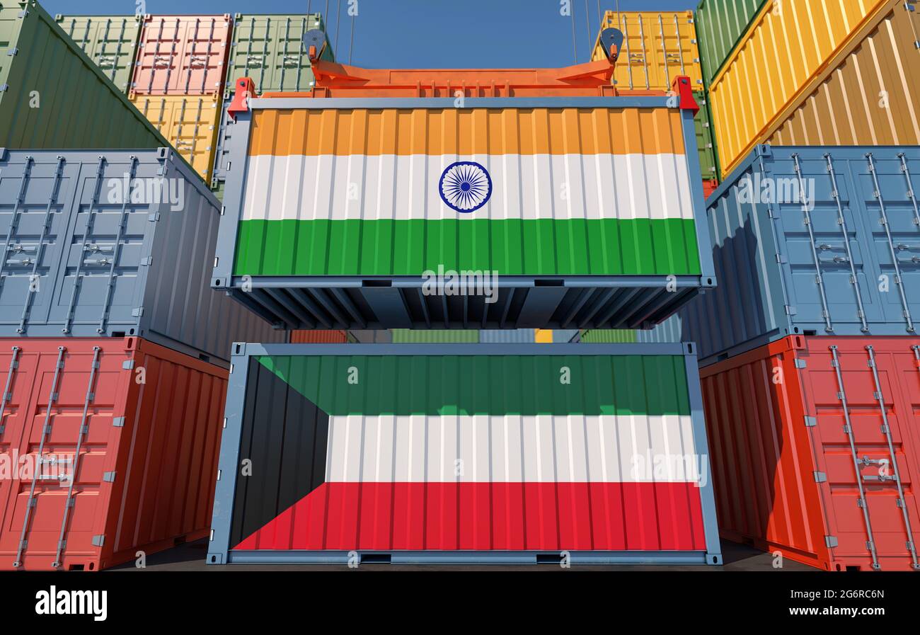 Container Terminal. Two cargo Container with Kuwait and India national