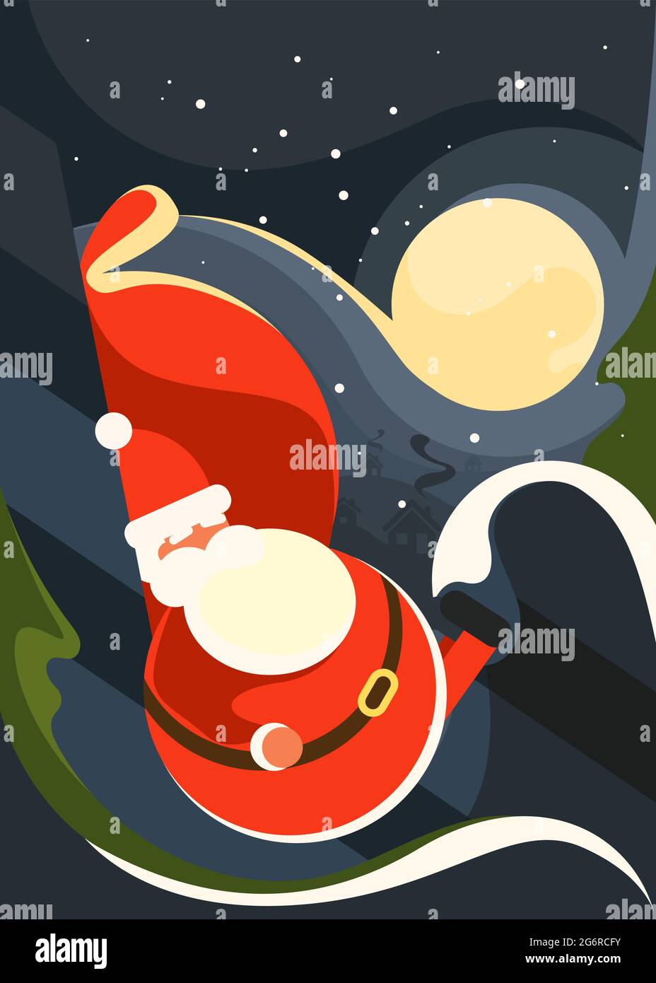 Poster with Santa Claus on the background of moon. Christmas placard design in flat style. Stock Vector