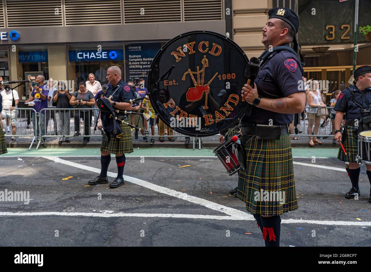 New York, United States. 07th July, 2021. New York Correction Department Pipes and Drums band march in the 'Hometown Heroes' Ticker Tape Parade in New York City.Healthcare Workers, first responders and essential workers are honored in Manhattan's Canyon of Heroes for their service during the Covid-19 pandemic. Credit: SOPA Images Limited/Alamy Live News Stock Photo