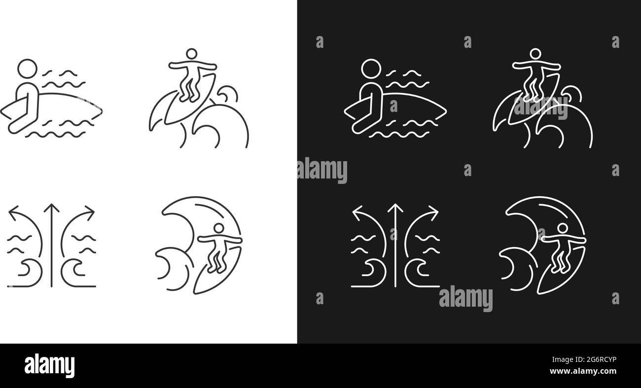 Riding wave using board linear icons set for dark and light mode Stock Vector