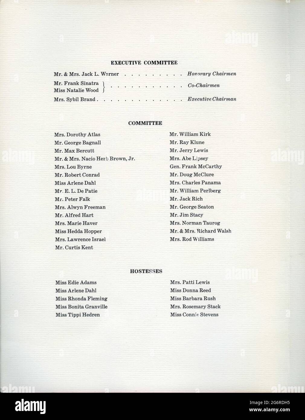 Names of the Committee and Hostesses listed in the Programme for Guests at the Premiere and Supper Party for the Motion Picture Relief Fund at the International Ballroom of the Beverly Hilton Hotel on Wednesday October 28th 1964 following the Hollywood premiere of AUDREY HEPBURN and REX HARRISON in MY FAIR LADY 1964 director GEORGE CUKOR from the Broadway musical adapted from the play Pygmalion by George Bernard Shaw screenplay book and lyrics Alan Jay Lerner  music Frederick Loewe production design and costumes Cecil Beaton producer Jack L.Warner Warner Bros. Stock Photo