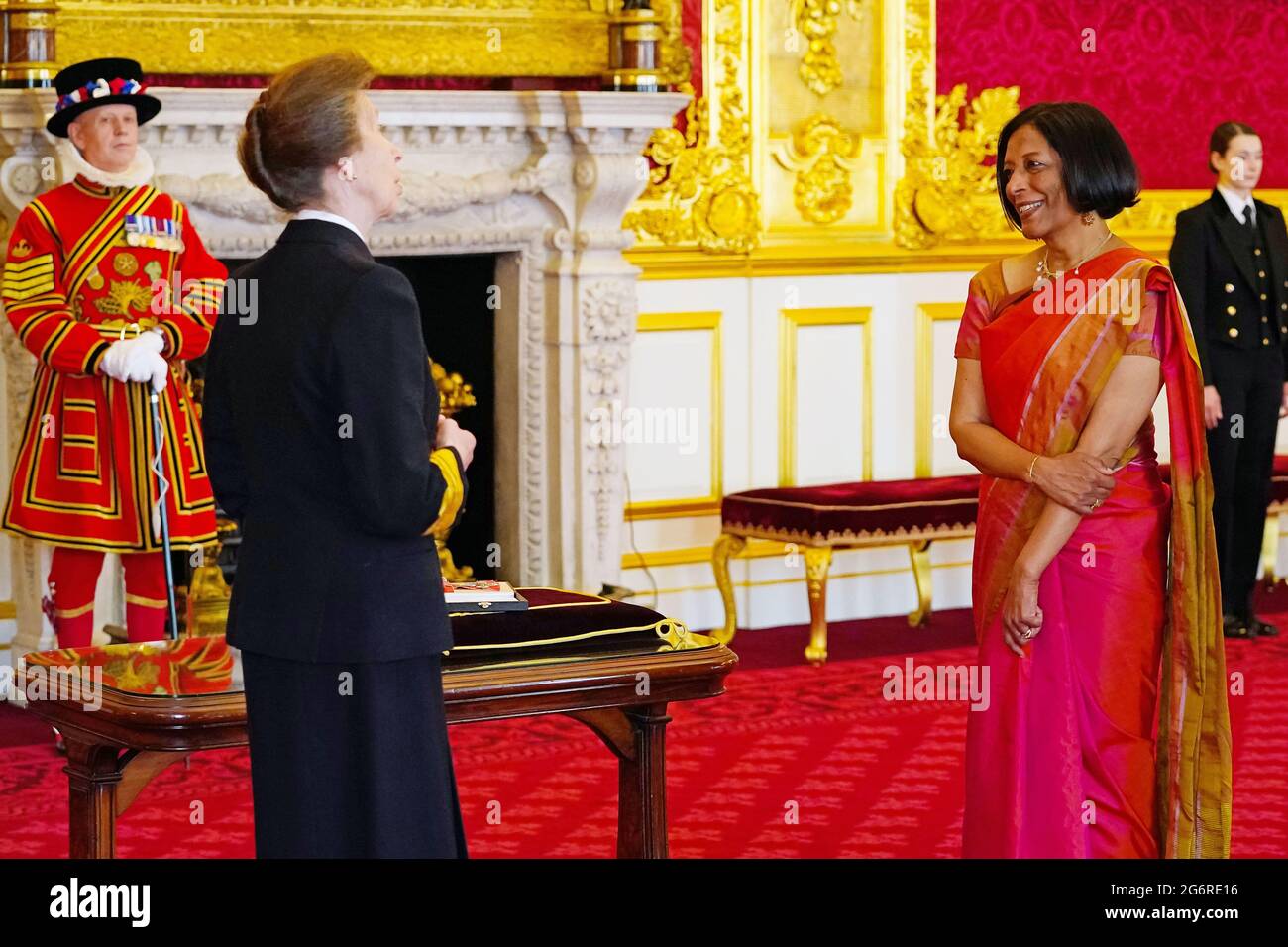 British choreographer Shobana Jeyasingh from London is made a CBE (Commander of the Order of the British Empire) by the Princess Royal at St James's Palace in London. Picture date: Thursday July 8, 2021. Stock Photo