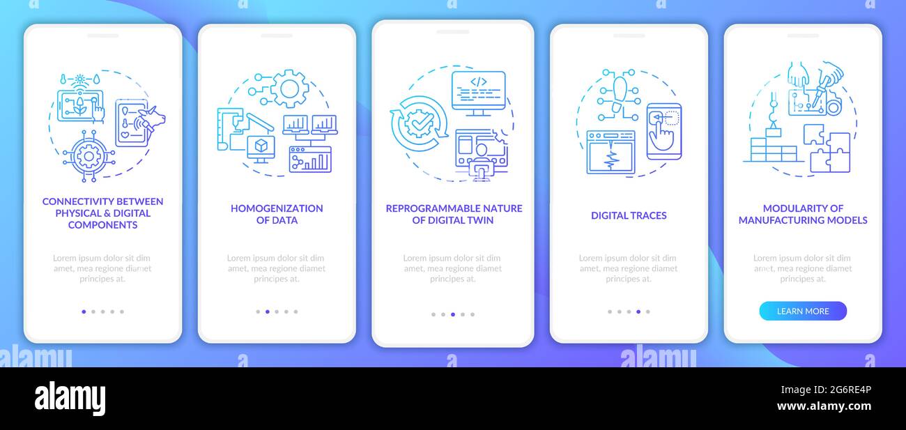 Digital twin characteristics onboarding mobile app page screen Stock Vector