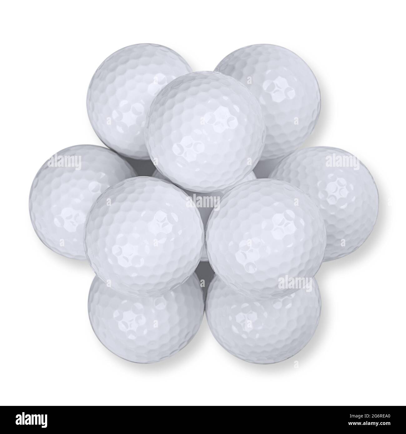 Golf balls stacked in pyramid shape, from above, on white background. A pile of ten white American golf balls with special notches. Stock Photo