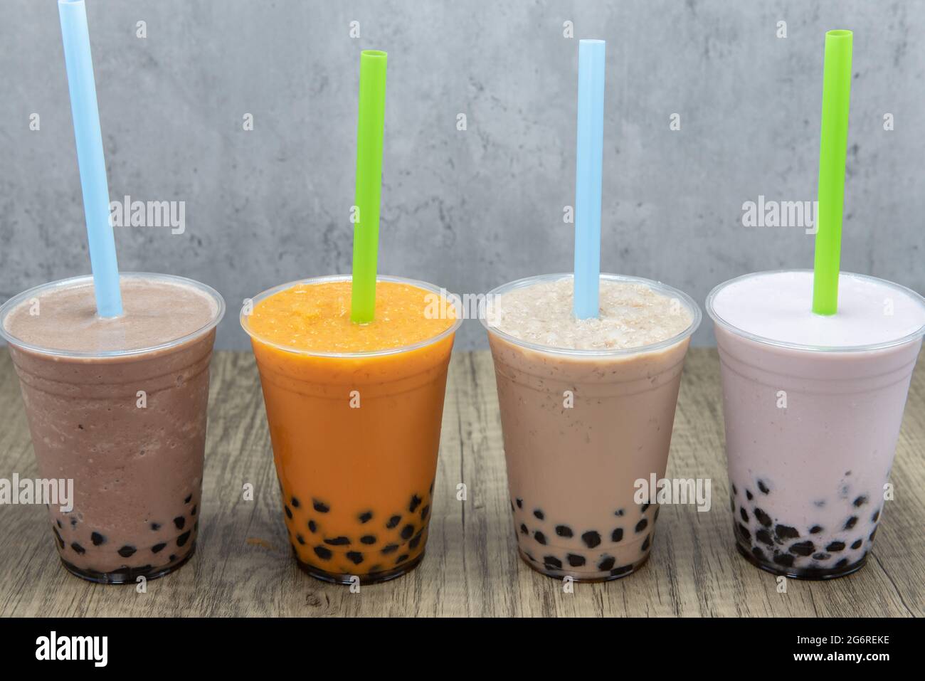 Various colors and flavored smoothies with sweet tapioca boba balls at