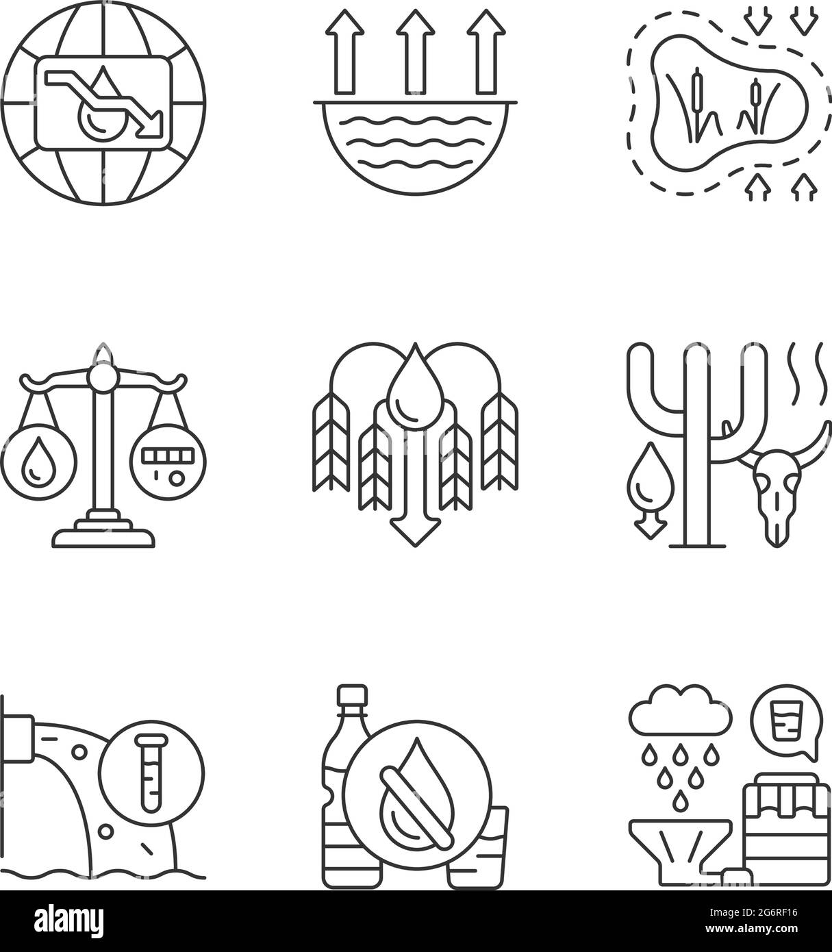 Water resources lacking linear icons set Stock Vector