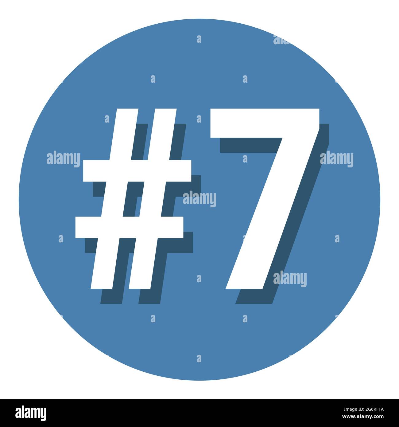 Number 7 seven symbol sign in circle, 7th seventh count hashtag icon. Simple flat design vector illustration. White with shadow on blue background. Stock Vector