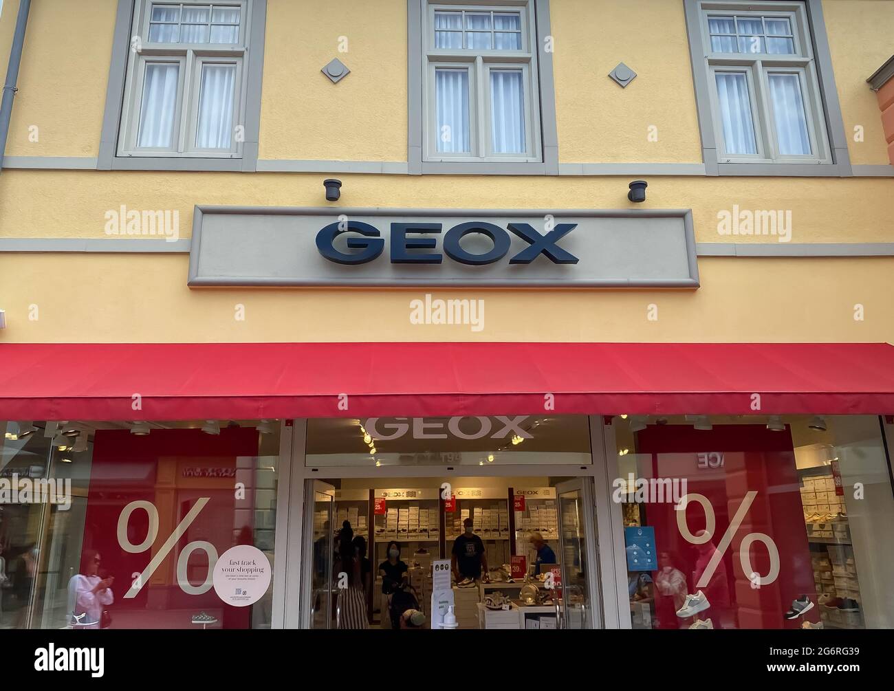 Roermond, Netherlands - July 1. 2021: View on store facade with logo  lettering of geox shoes Stock Photo - Alamy