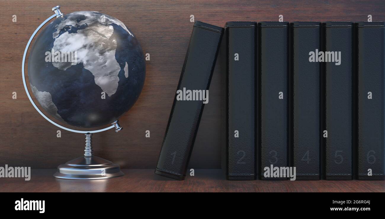 Globe Earth and School books on wooden library shelf, world map