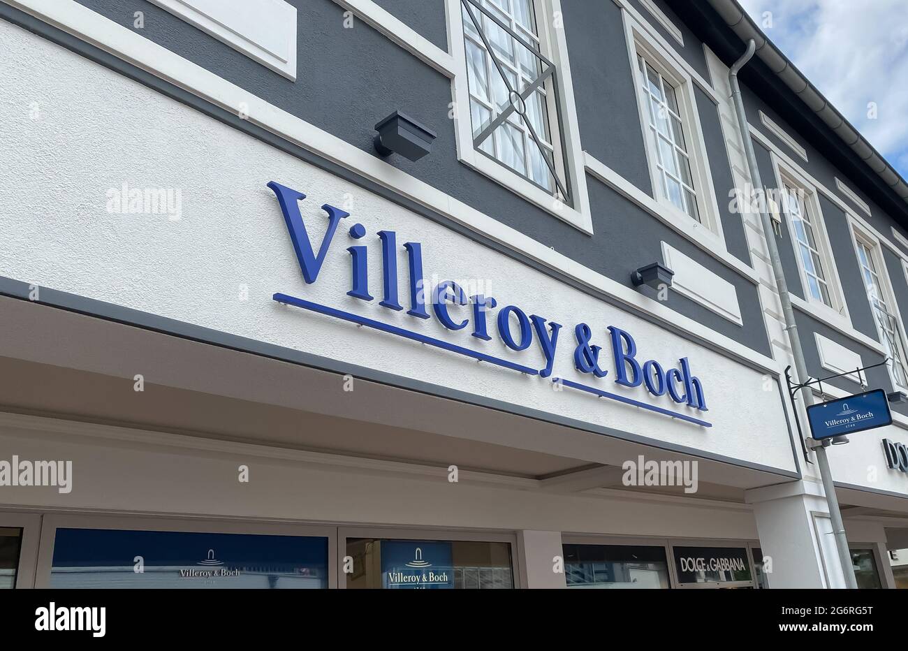 Roermond, Netherlands - July 1. 2021: View on store facade with logo lettering of villeroy and boch ceramics company Stock Photo