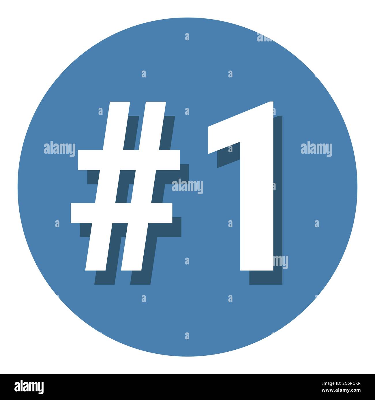 Number 1 one symbol sign in circle, 1st first count hashtag icon. Simple flat design vector illustration. White with shadow on blue background. Stock Vector