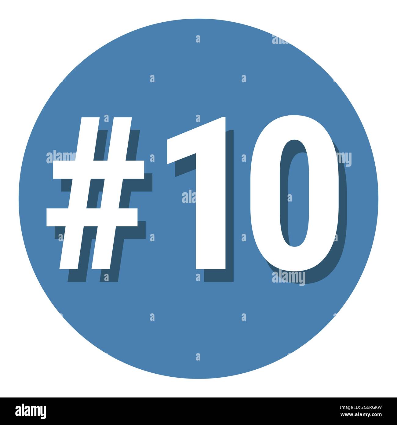 Number 10 ten symbol sign in circle, 10th tenth count hashtag icon. Simple flat design vector illustration. White with shadow on blue background. Stock Vector