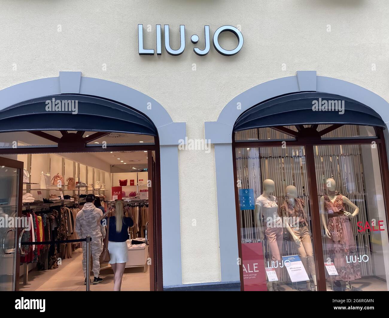 Roermond, Netherlands - July 1. 2021: View on store facade with logo lettering of liu jo fashion label Stock Photo