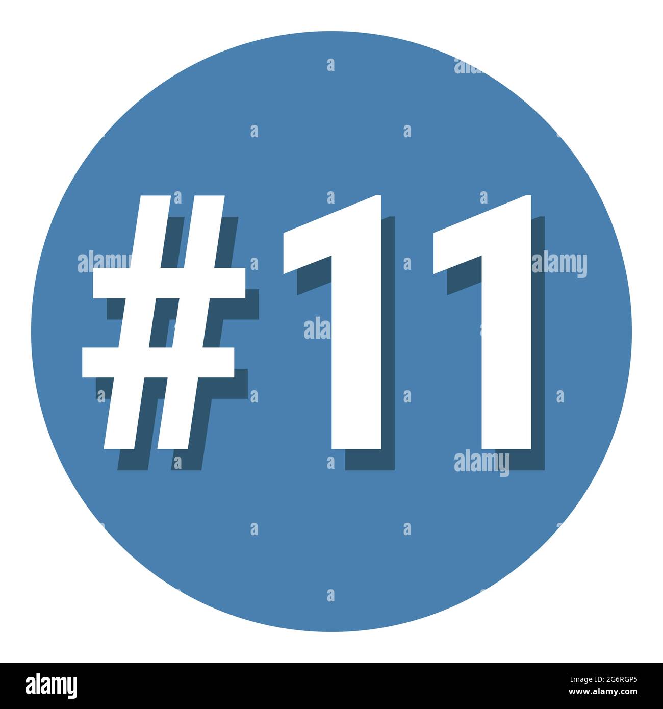 Number 11 eleven symbol sign in circle, 11th eleventh count hashtag icon. Simple flat design vector illustration. White with shadow on blue background Stock Vector