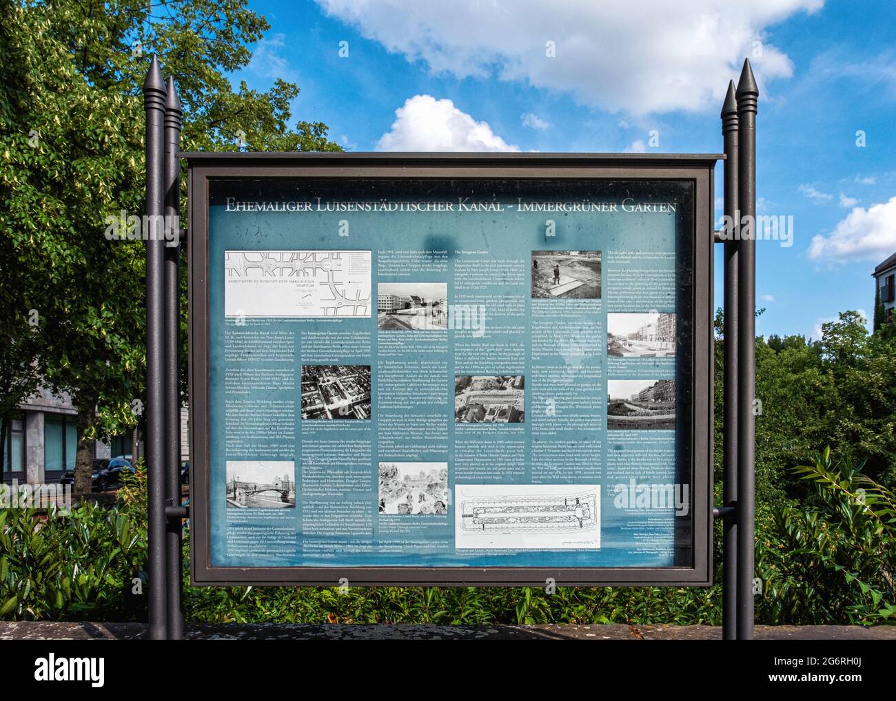 Information board - Luisenstadt canal designed by town planner Lenné.The 2 kilometre long drained canal site now a park & gardens in Kreuzberg, Berlin Stock Photo