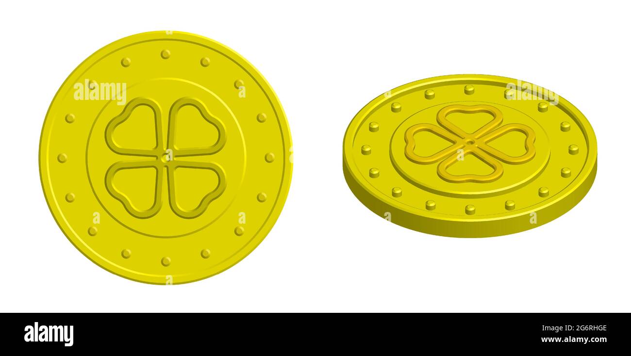 Isometric gold coin mascot with four leaf clover. Amulet for attracting ...