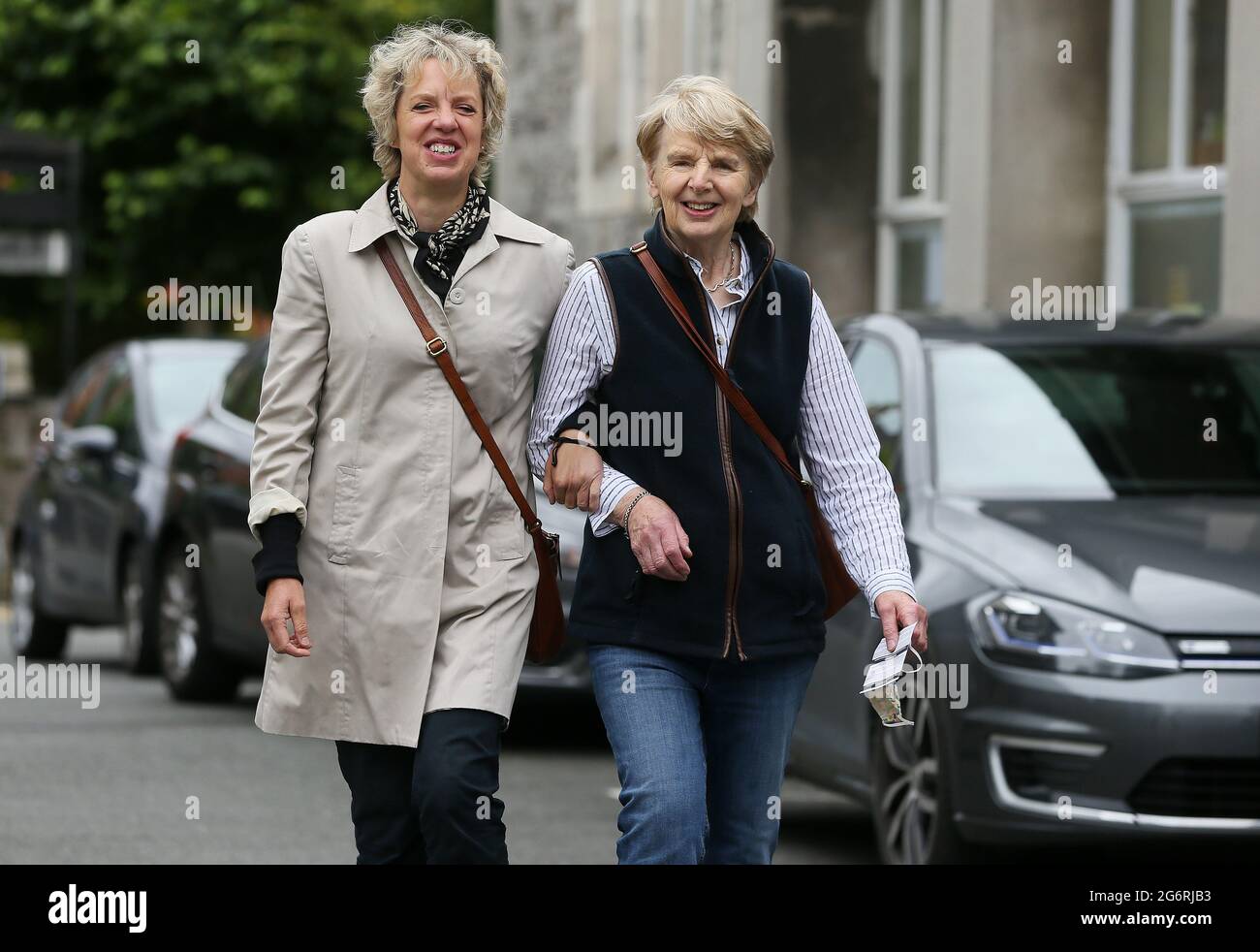 Labour candidate Senator Ivana Bacik accompanies her mother Rina to her polling station in Rathgar, Dublin, as voting in the Dublin Bay South by-election is under way. Polls opened at 7am and will close at 10.30pm, before the count begins on Friday. Picture date: Thursday July 8, 2021. The vote follows weeks of campaigning in the race to succeed ex-Fine Gael minister Eoghan Murphy in the constituency. Stock Photo