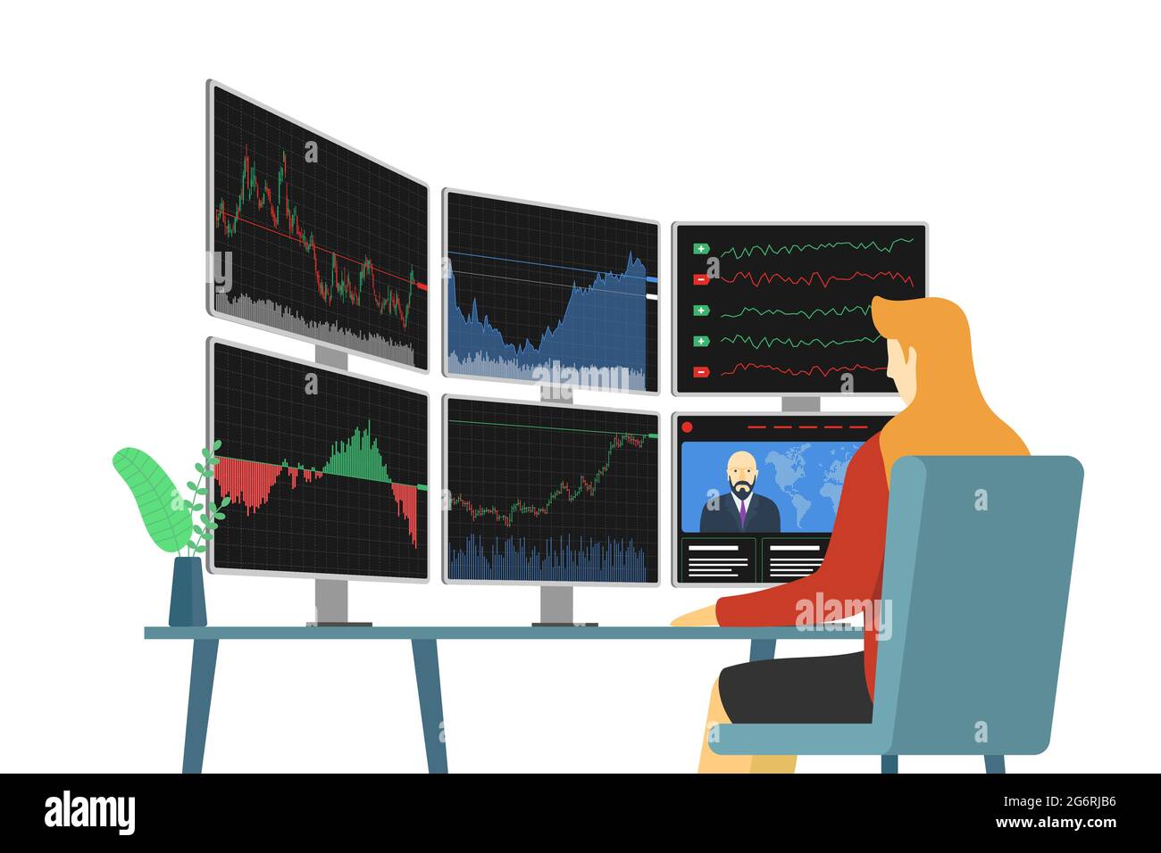 Stock market female trader at workplace looking at multiple computer screens with financial chart, diagram and graph. Business index analysis concept. Broker exchange trading vector eps illustration Stock Vector