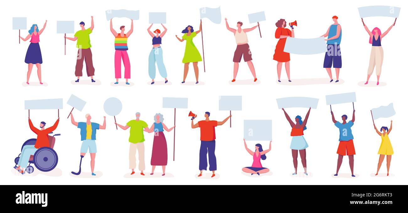 Protesters. People protesting, activists holding signs, banners, placards. Peaceful protest, manifestation, political demonstration vector set. Male and female characters with empty boards Stock Vector