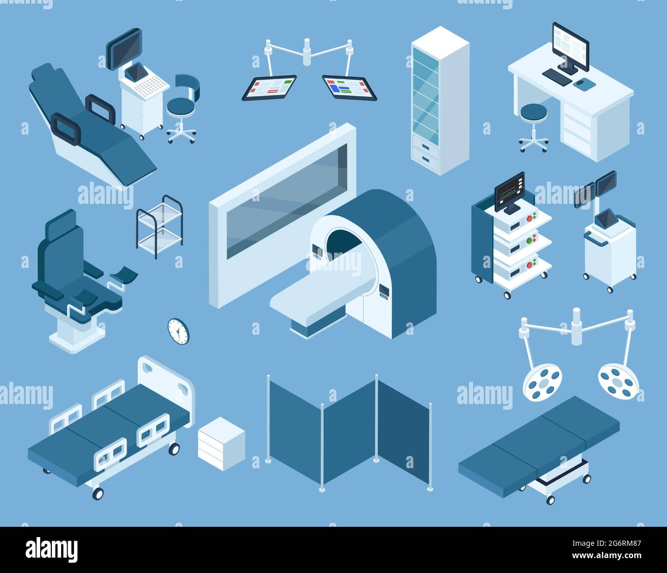 Isometric medical equipment. Mri, hospital bed, patient monitoring