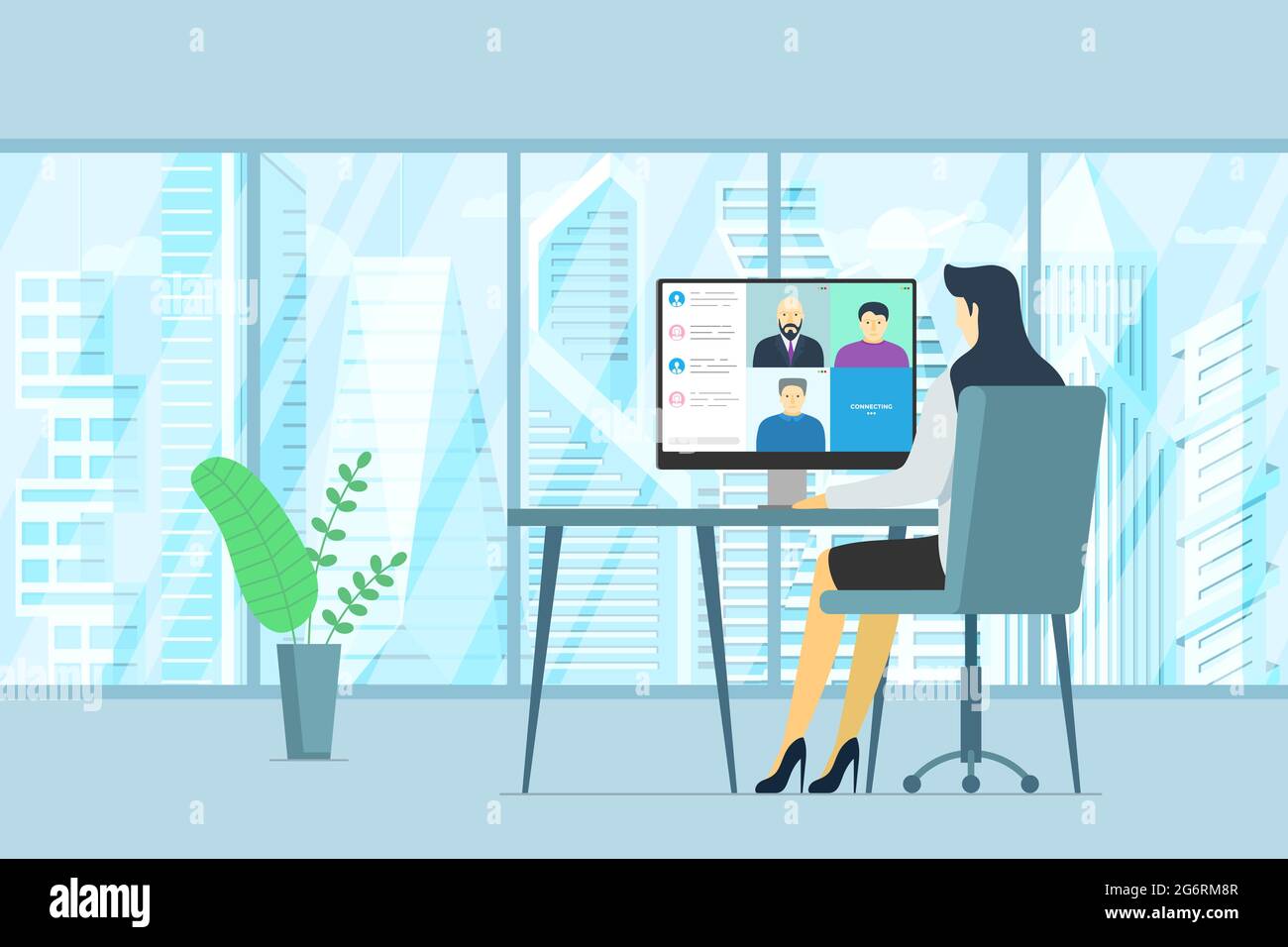 Woman in office and people group on PC monitor taking part online conference. Virtual work meeting and distance education webinar or videoconferencing. Company web video conferencing communication eps Stock Vector