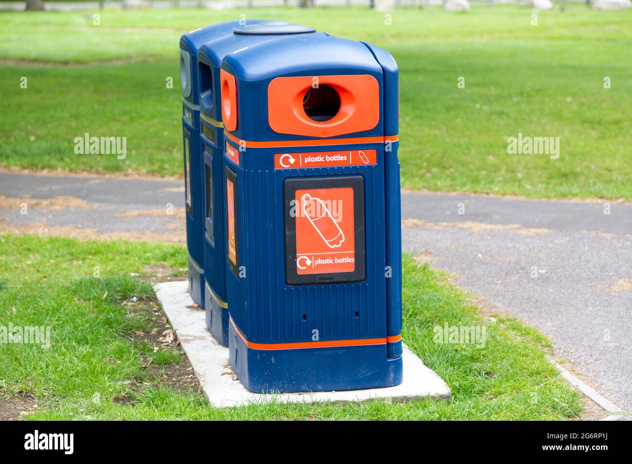A public rubbish or trash bin used for recycling plastic bottles Stock