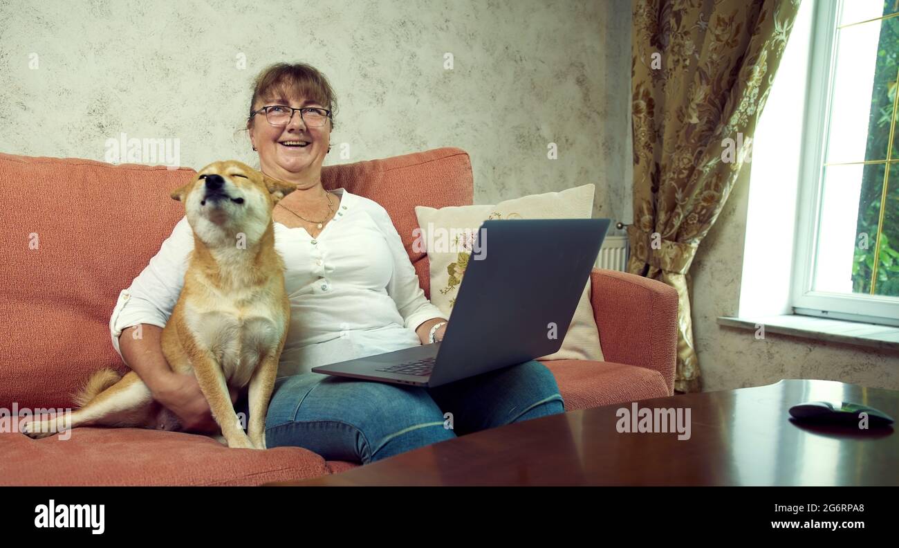 Smiling woman and dog are sitting on the sofa at the computerю Closeup photo. Stock Photo