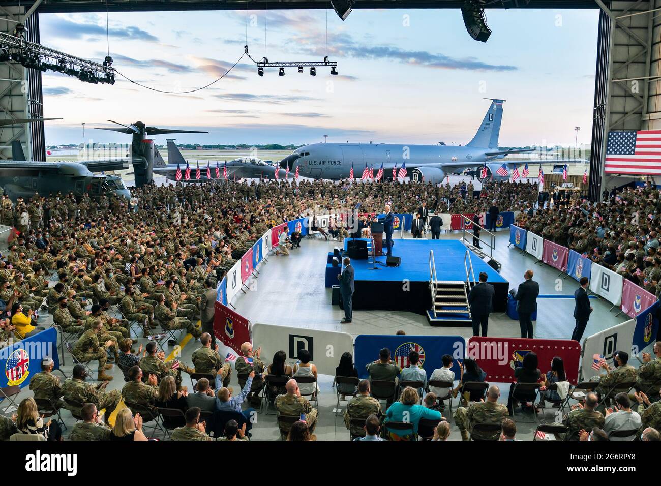 President Joe Biden and First Lady Jill Biden deliver remarks to Air Force personnel and their families on Wednesday, June 9, 2021, at Royal Air Force Mildenhall, England. (Official White House Photo by Adam Schultz via Credit: Sipa USA/Alamy Live News Stock Photo