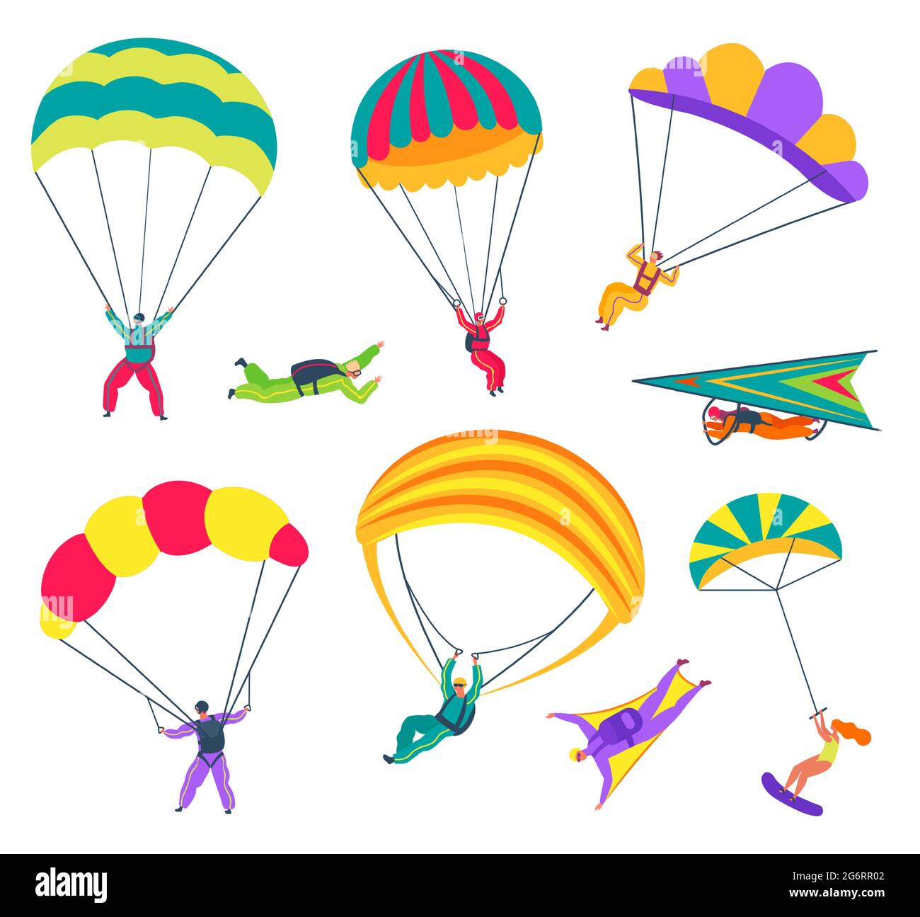 Skydivers. People with parachutes flying in sky. Professional paragliders, skydivers in wingsuits. Extreme sports activities vector set. Man and woman having active recreation for adrenaline Stock Vector