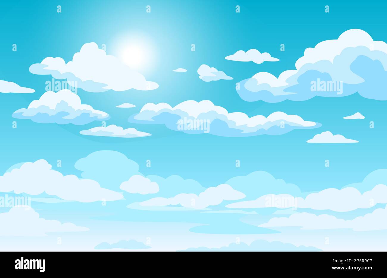 Blue sky with clouds. Anime style background with shining sun and white  fluffy clouds. Sunny day sky scene cartoon vector illustration. Heavens  with bright weather, summer season outdoor Stock Vector Image &