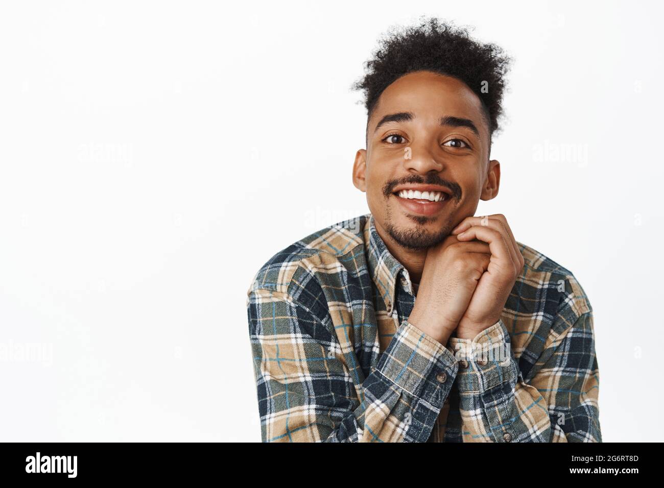 So moving. Close up of cute african american guy with moustache ...