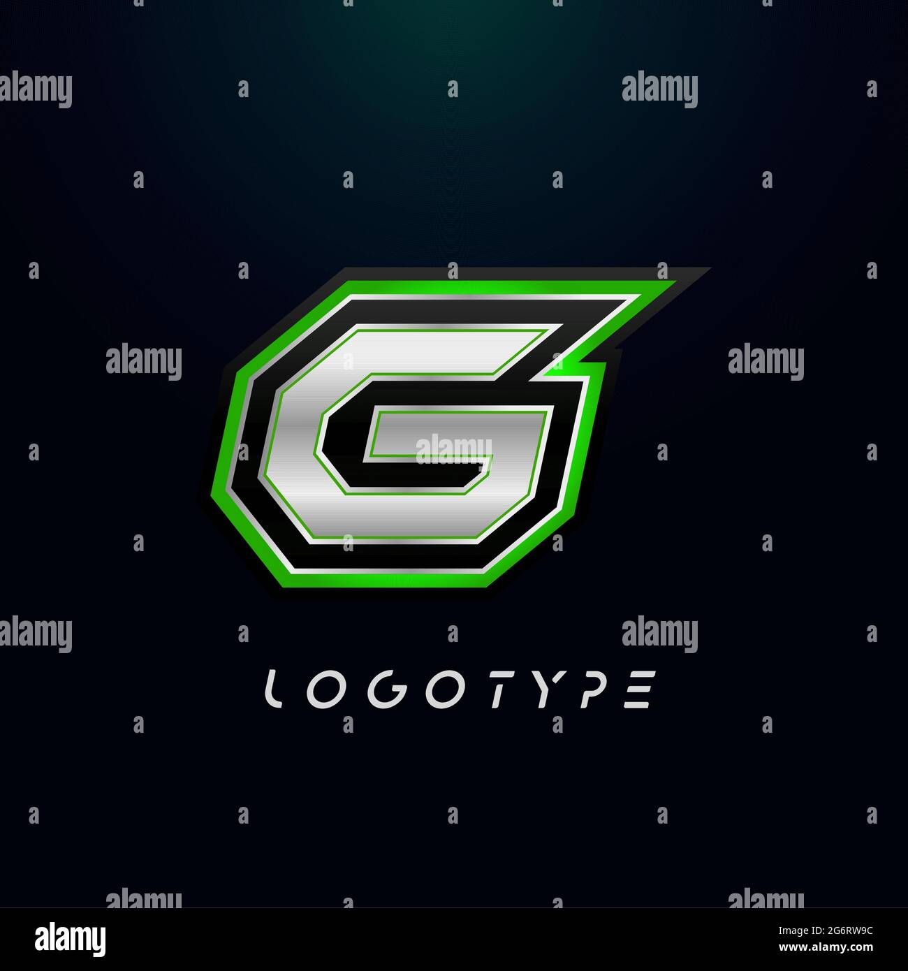 Letter G for video game logo and super hero monogram. Sport gaming emblem, bold futuristic letter with sharp angles and green outline. Tilted sharp Stock Vector