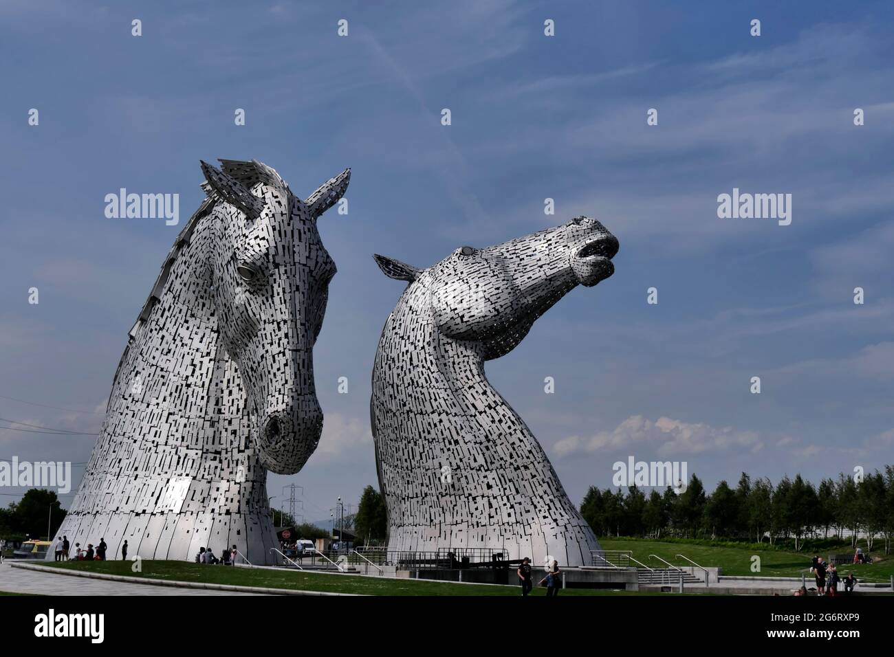 The Kelpies,  horse-head sculptures by Artist  Andy Scott, next to the Union Canal, Falkirk,Scotland Stock Photo