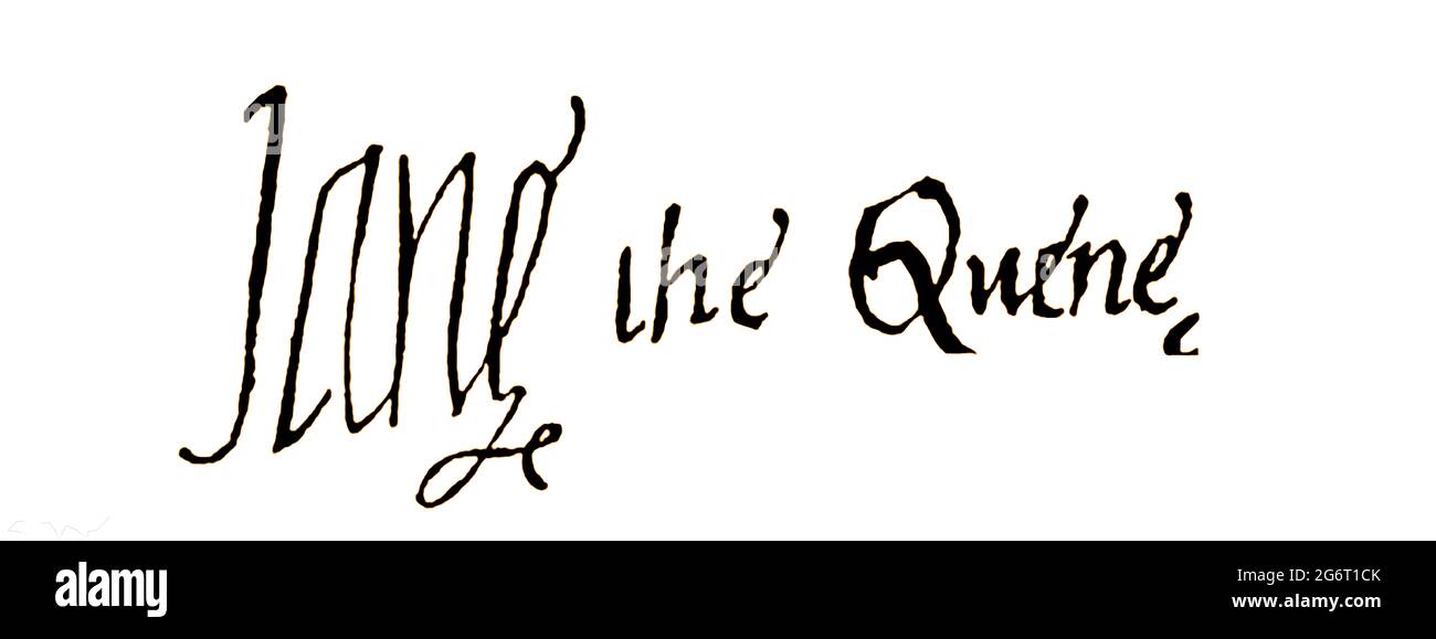Lady Jane Grey's signature as queen from 'Lady Jane Grey and Her Times' 1822. The largely forgotten queen Jane  (Lady Jane Grey (c. 1536 - 1554) ,  later known as  Lady Jane Dudley (after her marriage to Lord Guildford Dudley) . The former English noble woman  is also known as the 'Nine Days' Queen' because of her curtailed reign. She reigned  as Queen of England and Ireland from 10 July until 19 July 1553. She was politically convicted of high treason and was only 16 or 17 years old at the time of her execution by beheading. She is still viewed by many as a Protestant Martyr. Stock Photo