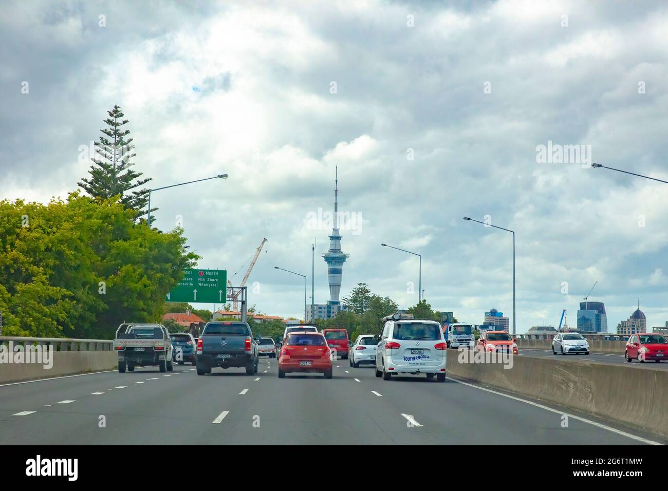 Auckland cbd with Sky Tower view taken from Auckland Southern Motorway, New Zealand on December 9, 2019 Stock Photo