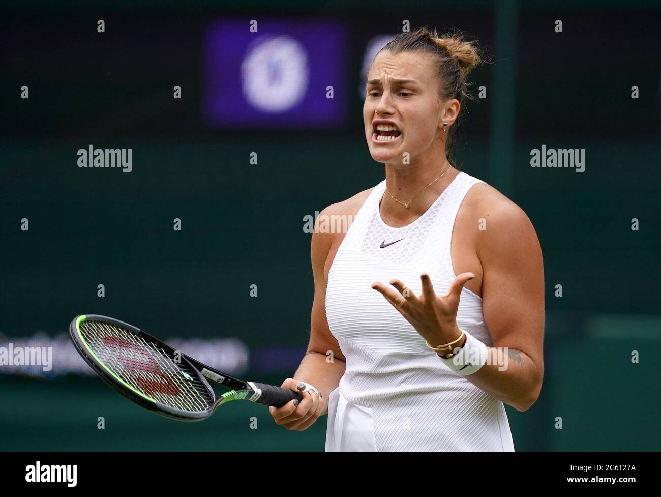 Aryna Sabalenka reacts in the match against Karolina Pliskova in their ...