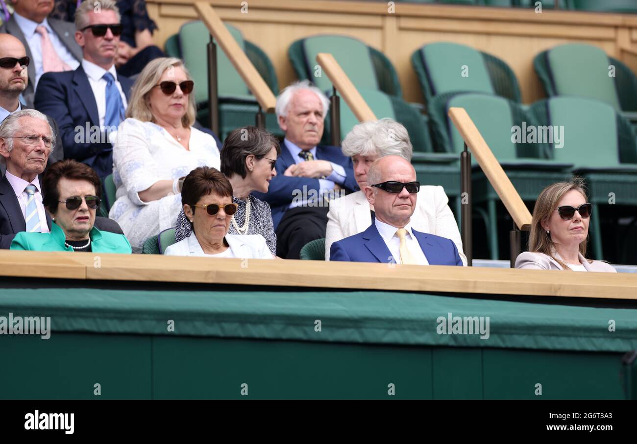 Billie Jean King (left) with partner Ilana Kloss next to William Hague and wife Ffion Hague in the Royal Box at Centre Court on day ten of Wimbledon at The All England Lawn Tennis and Croquet Club, Wimbledon. Picture date: Thursday July 8, 2021. Stock Photo